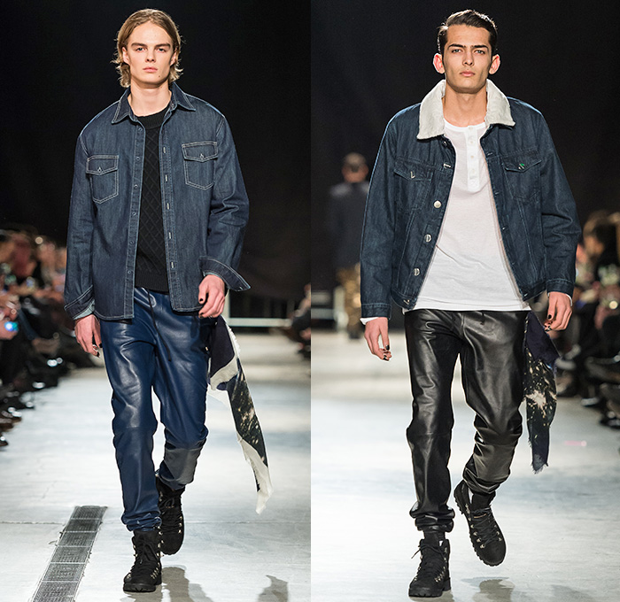 Mardou&Dean 2014-2015 Fall Autumn Winter Mens Runway Looks - Kanonhallen Oslo Norway Fashion Show Catwalk Collection - Denim Jeans Dark Wash Knee Panels Ribbed Motorcycle Moto Biker Rider Retro Fade Leather Outerwear Patchwork Aviator Jacket Waffle Quilted Roll Up Fold Up Skinny Blazer Sportcoat Holes Metallic Stripes Silver