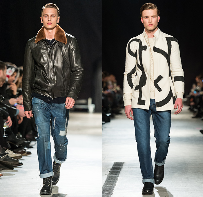 Mardou&Dean 2014-2015 Fall Autumn Winter Mens Runway Looks - Kanonhallen Oslo Norway Fashion Show Catwalk Collection - Denim Jeans Dark Wash Knee Panels Ribbed Motorcycle Moto Biker Rider Retro Fade Leather Outerwear Patchwork Aviator Jacket Waffle Quilted Roll Up Fold Up Skinny Blazer Sportcoat Holes Metallic Stripes Silver