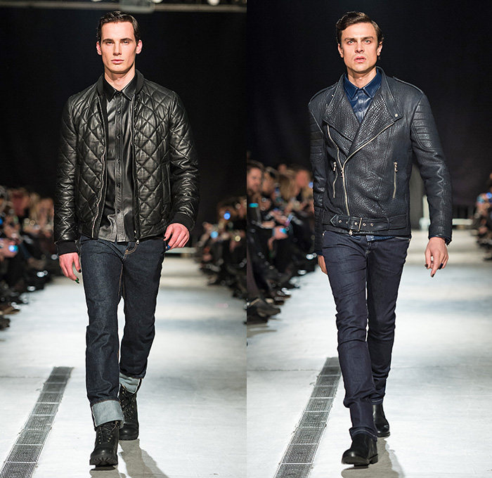 Mardou&Dean 2014-2015 Fall Autumn Winter Mens Runway Looks - Kanonhallen Oslo Norway Fashion Show Catwalk Collection - Denim Jeans Dark Wash Knee Panels Ribbed Motorcycle Moto Biker Rider Retro Fade Leather Outerwear Patchwork Aviator Jacket Waffle Quilted Roll Up Fold Up Skinny Blazer Sportcoat Holes Metallic Stripes Silver