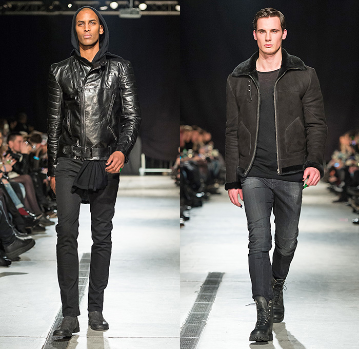 Mardou&Dean 2014-2015 Fall Autumn Winter Mens Runway Looks - Kanonhallen Oslo Norway Fashion Show Catwalk Collection - Denim Jeans Dark Wash Knee Panels Ribbed Motorcycle Moto Biker Rider Retro Fade Leather Outerwear Patchwork Aviator Jacket Waffle Quilted Roll Up Fold Up Skinny Blazer Sportcoat Holes Metallic Stripes Silver