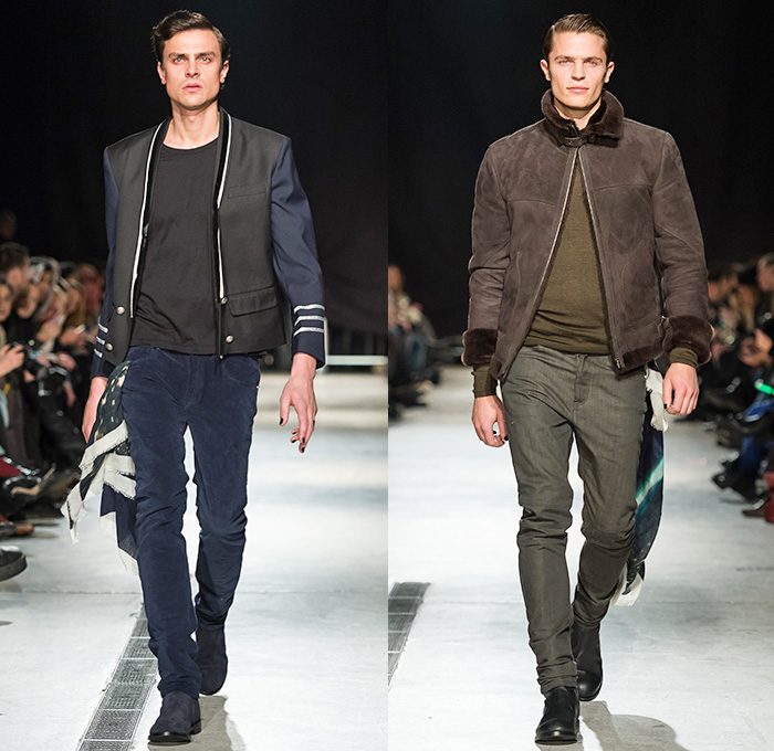 Mardou&Dean 2014-2015 Fall Autumn Winter Mens Runway Looks - Kanonhallen Oslo Norway Fashion Show Catwalk Collection - Denim Jeans Dark Wash Knee Panels Ribbed Motorcycle Moto Biker Rider Retro Fade Leather Outerwear Patchwork Aviator Jacket Waffle Quilted Roll Up Fold Up Skinny Blazer Sportcoat Holes Metallic Stripes Silver