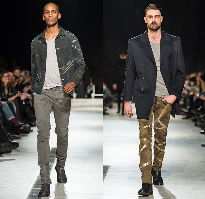 Mardou&Dean 2014-2015 Fall Autumn Winter Mens Runway Looks - Kanonhallen Oslo Norway Fashion Show Catwalk Collection - Denim Jeans Dark Wash Knee Panels Ribbed Motorcycle Moto Biker Rider Retro Fade Leather Outerwear Patchwork Aviator Jacket Waffle Quilted Roll Up Fold Up Skinny Blazer Sportcoat Holes Metallic Stripes Silver