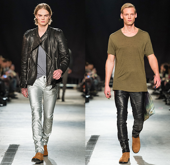 Mardou&Dean 2014-2015 Fall Autumn Winter Mens Runway Looks - Kanonhallen Oslo Norway Fashion Show Catwalk Collection - Denim Jeans Dark Wash Knee Panels Ribbed Motorcycle Moto Biker Rider Retro Fade Leather Outerwear Patchwork Aviator Jacket Waffle Quilted Roll Up Fold Up Skinny Blazer Sportcoat Holes Metallic Stripes Silver