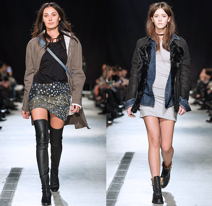 Mardou&Dean 2014-2015 Fall Autumn Winter Womens Runway Looks - Kanonhallen Oslo Norway Fashion Show Catwalk Collection - Denim Jeans Dark Wash Knee Panels Ribbed Motorcycle Biker Rider Fade Leather Outerwear Jacket Crop Top Midriff Cross Strap Bejeweled Metallic Silver Patchwork Jogging Sweatpants Bandeau Skirt Frock Boots Furry Sheer Chiffon Peek-A-Boo Onesie Jumpsuit Bib Brace Overalls Knit Sweater Jumper Ruffles Drapery Marching Band Jacket Shorts Bodycon Dress