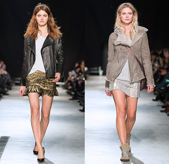 Mardou&Dean 2014-2015 Fall Autumn Winter Womens Runway Looks - Kanonhallen Oslo Norway Fashion Show Catwalk Collection - Denim Jeans Dark Wash Knee Panels Ribbed Motorcycle Biker Rider Fade Leather Outerwear Jacket Crop Top Midriff Cross Strap Bejeweled Metallic Silver Patchwork Jogging Sweatpants Bandeau Skirt Frock Boots Furry Sheer Chiffon Peek-A-Boo Onesie Jumpsuit Bib Brace Overalls Knit Sweater Jumper Ruffles Drapery Marching Band Jacket Shorts Bodycon Dress