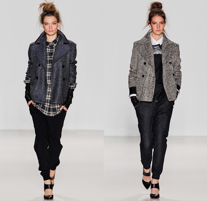 Marissa Webb 2014-2015 Fall Autumn Winter Womens Runway Looks Fashion - Mercedes-Benz Fashion Week New York Catwalk - Motorcycle Biker Skinny Jeans Pants Coat Pink Red Rounded Shoulders Sweater Jumper Knit Pea Coat Plaid Tartan Jogging Sweatpants Blazer Vestdress Waistcoatdress Skirt Frock Lace Sheer Chiffon Peekaboo Peplum Flowers Florals