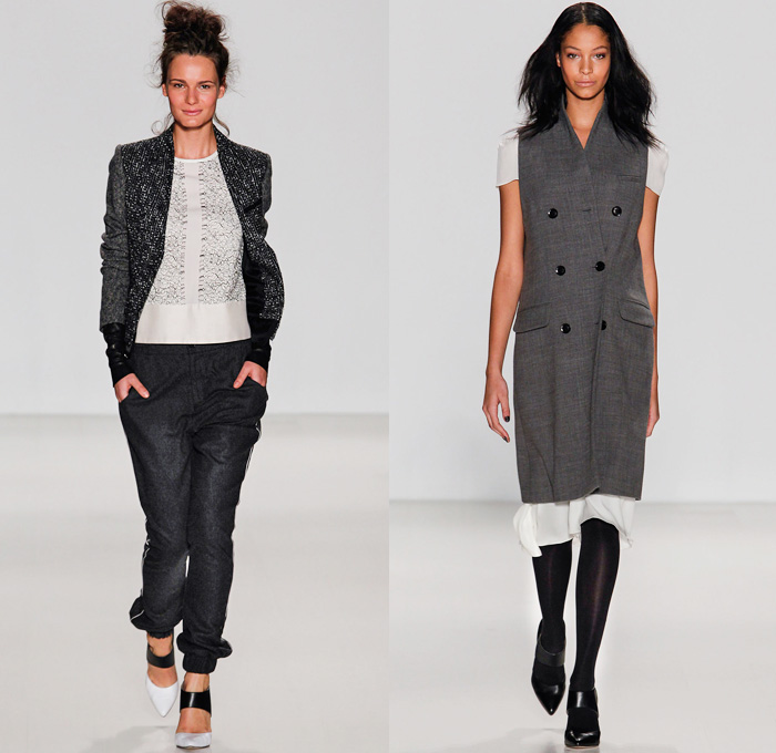 Marissa Webb 2014-2015 Fall Autumn Winter Womens Runway Looks Fashion - Mercedes-Benz Fashion Week New York Catwalk - Motorcycle Biker Skinny Jeans Pants Coat Pink Red Rounded Shoulders Sweater Jumper Knit Pea Coat Plaid Tartan Jogging Sweatpants Blazer Vestdress Waistcoatdress Skirt Frock Lace Sheer Chiffon Peekaboo Peplum Flowers Florals