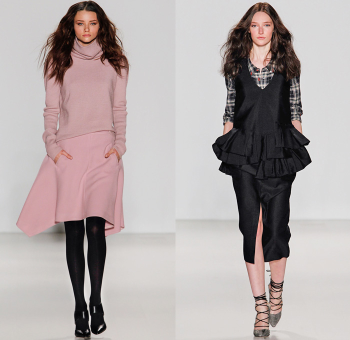 Marissa Webb 2014-2015 Fall Autumn Winter Womens Runway Looks Fashion - Mercedes-Benz Fashion Week New York Catwalk - Motorcycle Biker Skinny Jeans Pants Coat Pink Red Rounded Shoulders Sweater Jumper Knit Pea Coat Plaid Tartan Jogging Sweatpants Blazer Vestdress Waistcoatdress Skirt Frock Lace Sheer Chiffon Peekaboo Peplum Flowers Florals