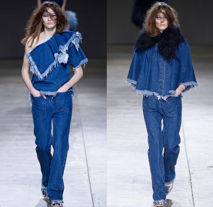 Marques' Almeida 2014-2015 Fall Autumn Winter Womens Runway Looks - London Fashion Week Catwalk England British UK - Denim Jeans Frayed Outerwear Trench Coat Robe Slouchy Wide Leg Palazzo Pants Capelet Furry Turtleneck Knit Sweater Ostrich Feathers Velvet Threads Metallic Sheer Chiffon Peekaboo Ruffles One Shoulder Silk Lounge Sleepwear