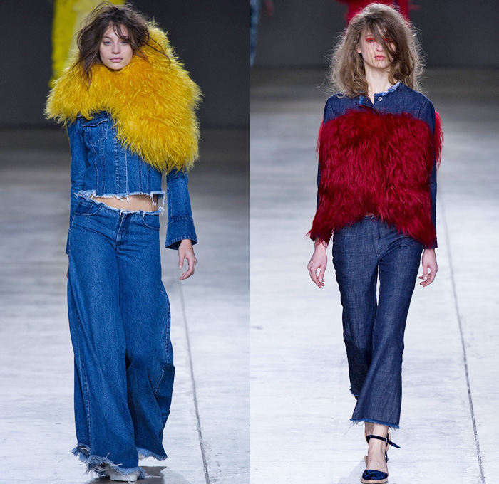 Marques' Almeida 2014-2015 Fall Autumn Winter Womens Runway Looks - London Fashion Week Catwalk England British UK - Denim Jeans Frayed Outerwear Trench Coat Robe Slouchy Wide Leg Palazzo Pants Capelet Furry Turtleneck Knit Sweater Ostrich Feathers Velvet Threads Metallic Sheer Chiffon Peekaboo Ruffles One Shoulder Silk Lounge Sleepwear