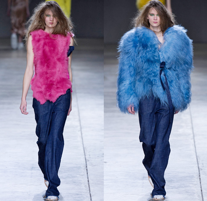 Marques' Almeida 2014-2015 Fall Autumn Winter Womens Runway Looks - London Fashion Week Catwalk England British UK - Denim Jeans Frayed Outerwear Trench Coat Robe Slouchy Wide Leg Palazzo Pants Capelet Furry Turtleneck Knit Sweater Ostrich Feathers Velvet Threads Metallic Sheer Chiffon Peekaboo Ruffles One Shoulder Silk Lounge Sleepwear