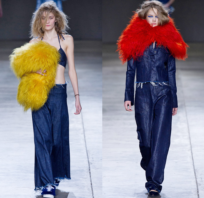 Marques' Almeida 2014-2015 Fall Autumn Winter Womens Runway Looks - London Fashion Week Catwalk England British UK - Denim Jeans Frayed Outerwear Trench Coat Robe Slouchy Wide Leg Palazzo Pants Capelet Furry Turtleneck Knit Sweater Ostrich Feathers Velvet Threads Metallic Sheer Chiffon Peekaboo Ruffles One Shoulder Silk Lounge Sleepwear