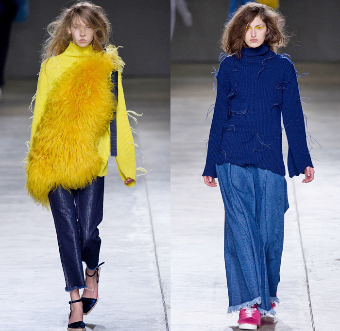 Marques' Almeida 2014-2015 Fall Autumn Winter Womens Runway Looks - London Fashion Week Catwalk England British UK - Denim Jeans Frayed Outerwear Trench Coat Robe Slouchy Wide Leg Palazzo Pants Capelet Furry Turtleneck Knit Sweater Ostrich Feathers Velvet Threads Metallic Sheer Chiffon Peekaboo Ruffles One Shoulder Silk Lounge Sleepwear