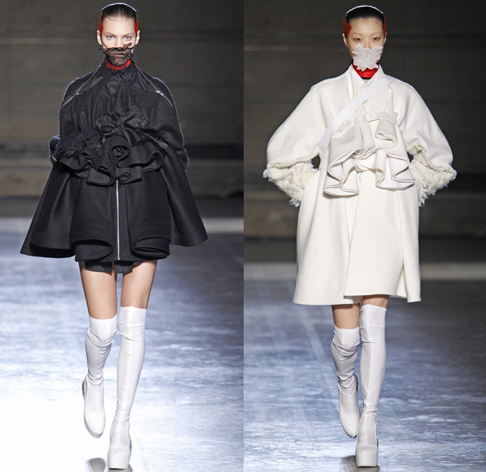 Masha Ma 2014-2015 Fall Autumn Winter Womens Runway Looks - Paris France Catwalk Fashion Show - Samurai Kimono Robe Wrap Layers Ruffles Drapery Masks Outerwear Coat Cloak Bell Sleeves Dovetail Wide Leg Roll Up Fold Chunky Knit Crochet Lace Peek-a-Boo Crop Top Midriff Straps Embellishments Pierce Through Embroidery Flowers Florals Dress Skirt Frock