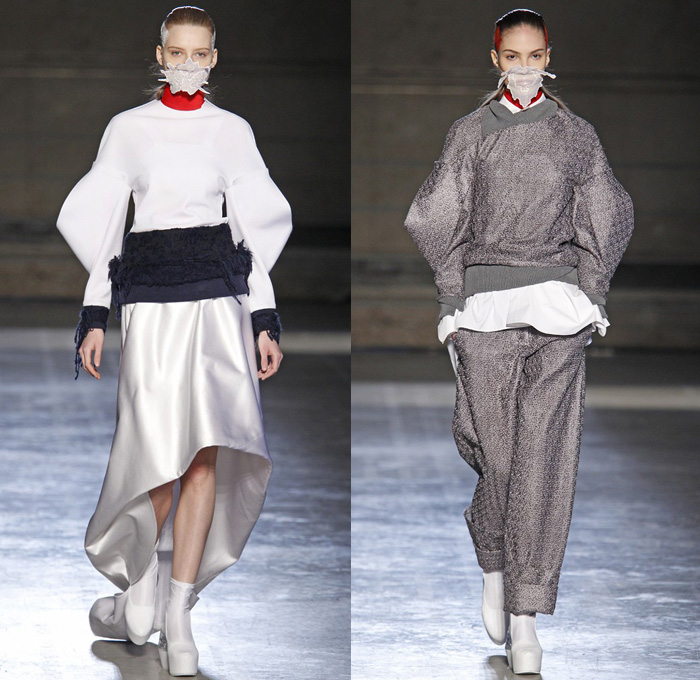 Masha Ma 2014-2015 Fall Autumn Winter Womens Runway Looks - Paris France Catwalk Fashion Show - Samurai Kimono Robe Wrap Layers Ruffles Drapery Masks Outerwear Coat Cloak Bell Sleeves Dovetail Wide Leg Roll Up Fold Chunky Knit Crochet Lace Peek-a-Boo Crop Top Midriff Straps Embellishments Pierce Through Embroidery Flowers Florals Dress Skirt Frock