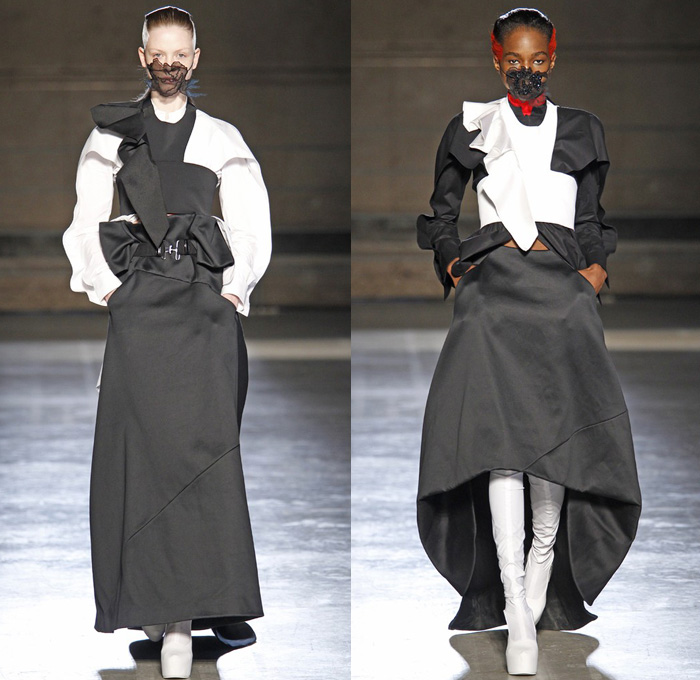 Masha Ma 2014-2015 Fall Autumn Winter Womens Runway Looks - Paris France Catwalk Fashion Show - Samurai Kimono Robe Wrap Layers Ruffles Drapery Masks Outerwear Coat Cloak Bell Sleeves Dovetail Wide Leg Roll Up Fold Chunky Knit Crochet Lace Peek-a-Boo Crop Top Midriff Straps Embellishments Pierce Through Embroidery Flowers Florals Dress Skirt Frock