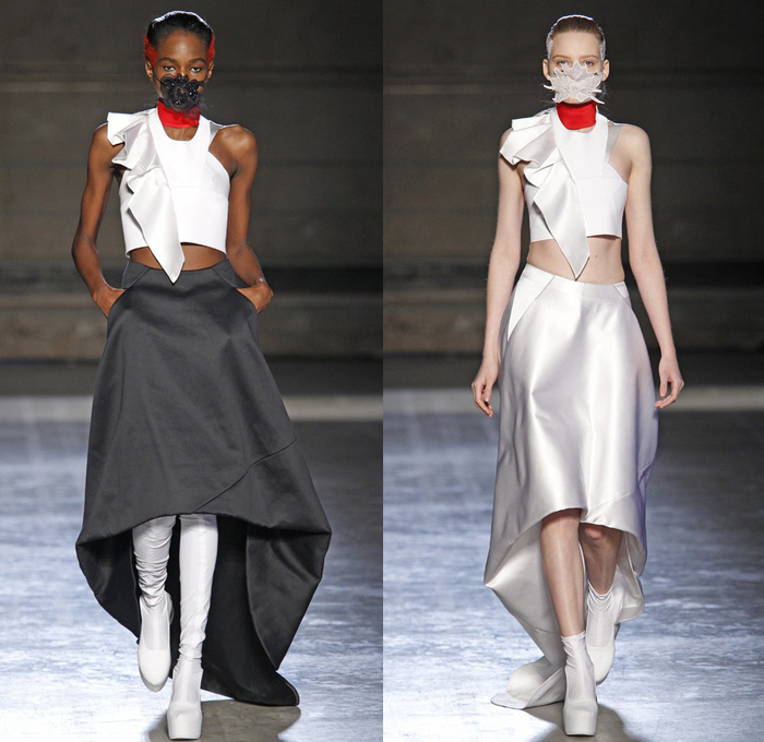 Masha Ma 2014-2015 Fall Autumn Winter Womens Runway Looks - Paris France Catwalk Fashion Show - Samurai Kimono Robe Wrap Layers Ruffles Drapery Masks Outerwear Coat Cloak Bell Sleeves Dovetail Wide Leg Roll Up Fold Chunky Knit Crochet Lace Peek-a-Boo Crop Top Midriff Straps Embellishments Pierce Through Embroidery Flowers Florals Dress Skirt Frock