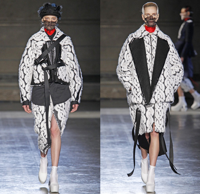 Masha Ma 2014-2015 Fall Autumn Winter Womens Runway Looks - Paris France Catwalk Fashion Show - Samurai Kimono Robe Wrap Layers Ruffles Drapery Masks Outerwear Coat Cloak Bell Sleeves Dovetail Wide Leg Roll Up Fold Chunky Knit Crochet Lace Peek-a-Boo Crop Top Midriff Straps Embellishments Pierce Through Embroidery Flowers Florals Dress Skirt Frock