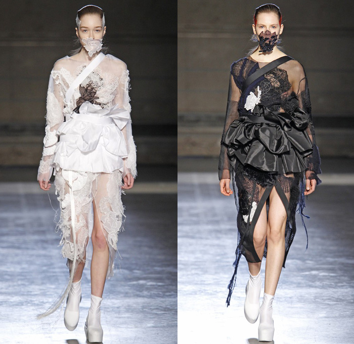 Masha Ma 2014-2015 Fall Autumn Winter Womens Runway Looks - Paris France Catwalk Fashion Show - Samurai Kimono Robe Wrap Layers Ruffles Drapery Masks Outerwear Coat Cloak Bell Sleeves Dovetail Wide Leg Roll Up Fold Chunky Knit Crochet Lace Peek-a-Boo Crop Top Midriff Straps Embellishments Pierce Through Embroidery Flowers Florals Dress Skirt Frock