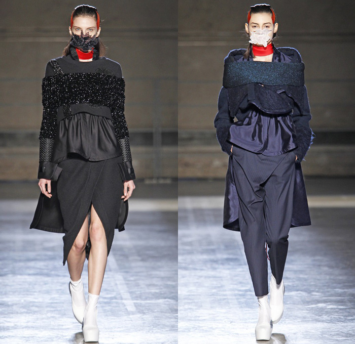 Masha Ma 2014-2015 Fall Autumn Winter Womens Runway Looks - Paris France Catwalk Fashion Show - Samurai Kimono Robe Wrap Layers Ruffles Drapery Masks Outerwear Coat Cloak Bell Sleeves Dovetail Wide Leg Roll Up Fold Chunky Knit Crochet Lace Peek-a-Boo Crop Top Midriff Straps Embellishments Pierce Through Embroidery Flowers Florals Dress Skirt Frock