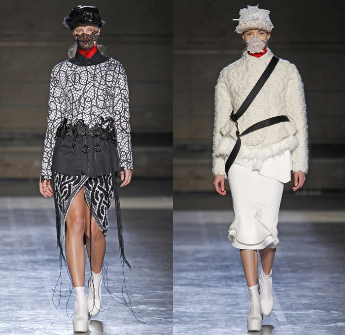 Masha Ma 2014-2015 Fall Autumn Winter Womens Runway Looks - Paris France Catwalk Fashion Show - Samurai Kimono Robe Wrap Layers Ruffles Drapery Masks Outerwear Coat Cloak Bell Sleeves Dovetail Wide Leg Roll Up Fold Chunky Knit Crochet Lace Peek-a-Boo Crop Top Midriff Straps Embellishments Pierce Through Embroidery Flowers Florals Dress Skirt Frock