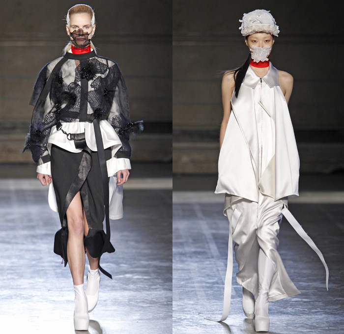 Masha Ma 2014-2015 Fall Autumn Winter Womens Runway Looks - Paris France Catwalk Fashion Show - Samurai Kimono Robe Wrap Layers Ruffles Drapery Masks Outerwear Coat Cloak Bell Sleeves Dovetail Wide Leg Roll Up Fold Chunky Knit Crochet Lace Peek-a-Boo Crop Top Midriff Straps Embellishments Pierce Through Embroidery Flowers Florals Dress Skirt Frock