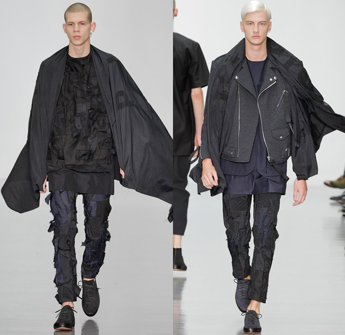 Matthew Miller 2014-2015 Fall Autumn Winter Mens Runway Looks Fashion - London Collections - Destroyed Patchwork Pants Cape Cloak Outerwear Trench Coat Motorcycle Biker Leather Jacket Knit Sweater Jumper