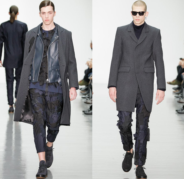 Matthew Miller 2014-2015 Fall Autumn Winter Mens Runway Looks Fashion - London Collections - Destroyed Patchwork Pants Cape Cloak Outerwear Trench Coat Motorcycle Biker Leather Jacket Knit Sweater Jumper