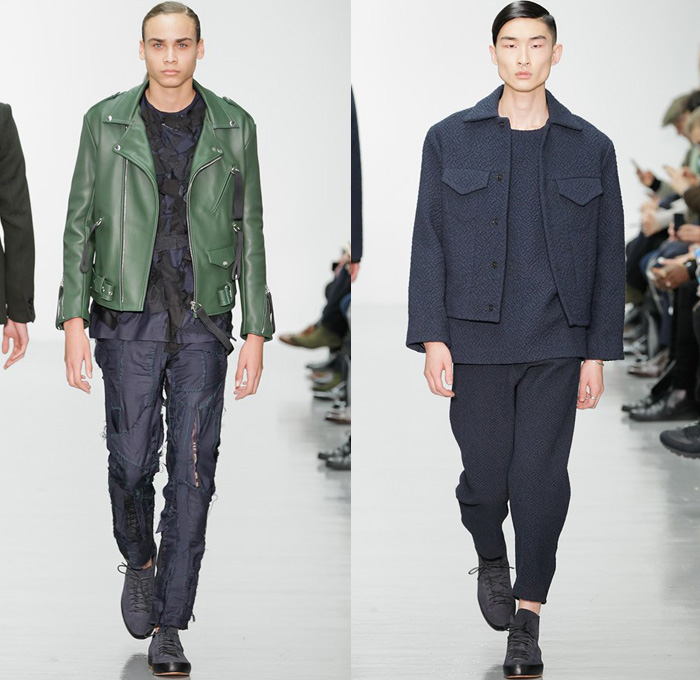 Matthew Miller 2014-2015 Fall Autumn Winter Mens Runway Looks Fashion - London Collections - Destroyed Patchwork Pants Cape Cloak Outerwear Trench Coat Motorcycle Biker Leather Jacket Knit Sweater Jumper