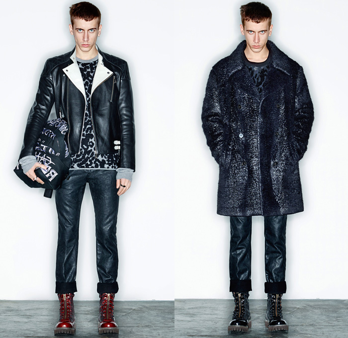 McQ Alexander McQueen 2014-2015 Fall Winter Mens Lookbook Presentation - Mode Masculine Paris France - Retro Faded Patchwork Destroyed Destructed Coated Waxed Roll Up Denim Jeans Holes Knit Sweater Jumper Turtleneck Motorcycle Biker Rider Boots Bomber Puffer Down Jacket Animal Safari Leopard Bear Oversized Outerwear Parka Coat Checks Scarf Razorblades Led Grid Pattern: Designer Denim Jeans Fashion: Season Collections, Runways, Lookbooks and Linesheets