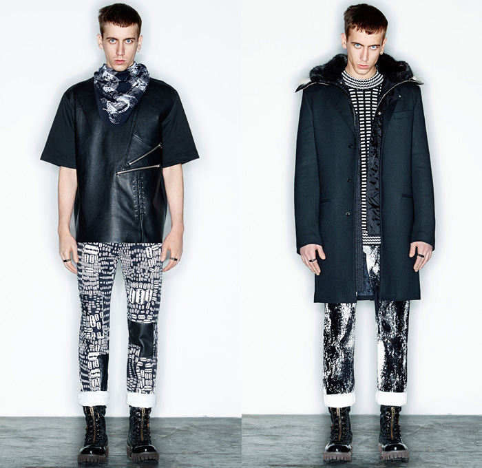 McQ Alexander McQueen 2014-2015 Fall Winter Mens Lookbook Presentation - Mode Masculine Paris France - Retro Faded Patchwork Destroyed Destructed Coated Waxed Roll Up Denim Jeans Holes Knit Sweater Jumper Turtleneck Motorcycle Biker Rider Boots Bomber Puffer Down Jacket Animal Safari Leopard Bear Oversized Outerwear Parka Coat Checks Scarf Razorblades Led Grid Pattern: Designer Denim Jeans Fashion: Season Collections, Runways, Lookbooks and Linesheets