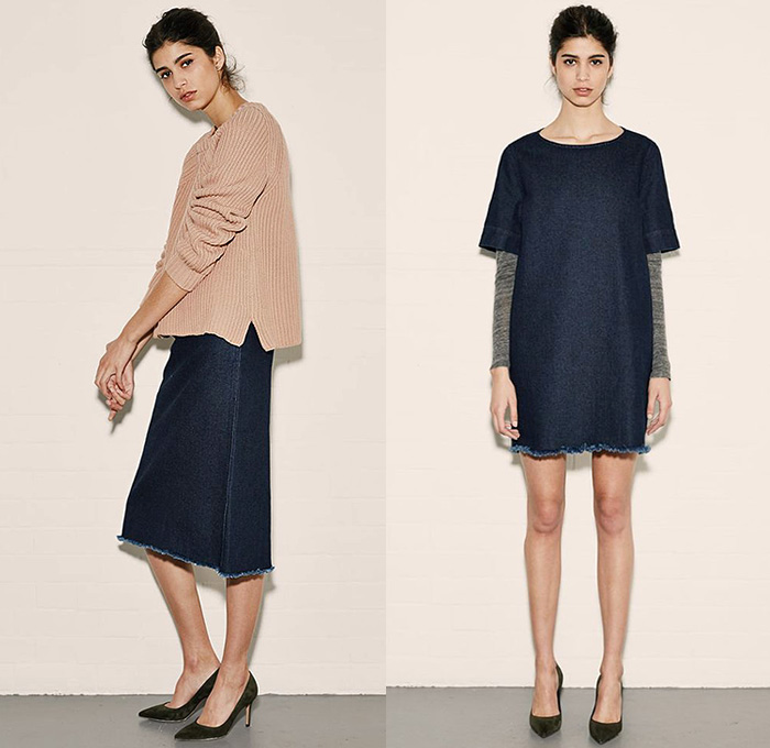 (04a) The CLEAN Skirt Dark Denim - (04b) The TUNIC Dress Dark Denim - MiH Jeans London 2014-2015 Fall Autumn Winter Womens Campaign Lookbook Collection - Denim Jeans Outerwear Coat Stripes Tunic Plaid Skirt Frock Knit Sweater Jumper Raw Hem Frayed Tunicdress Shirtdress One Piece Onesie Shirtall Chambray Dress Cardigan Loafers Wide Leg Flare Blazer Patch Patchwork Button Down Shirt Sneakers Shearling Furry Coat