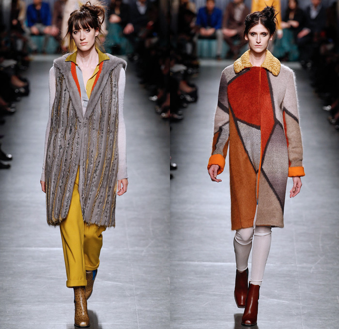 Missoni 2014-2015 Fall Autumn Winter Womens Runway Looks - Milano Moda Donna Milan Fashion Week - Camera Nazionale della Moda Italiana - Knit Wool Cargo Pockets Outerwear Coat Embellishments Zigzag Puzzle Color Block Mosaic Fanny Pack Bomber Jacket Hoodie Jogging Sweatpants Leggings Furry Parka Vest Waistcoat High Slit Pinafore Dress Weave