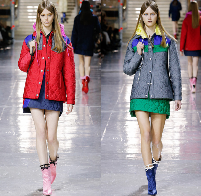 Miu Miu 2014-2015 Fall Autumn Winter Womens Runway Looks - Miuccia Prada Paris Fashion Week Mode à Paris Prêt à Porter Défilés - Skirt Quilted Outerwear Coat Parka Rainwear Anorak Dress Embellishments Embroidery Grommets Plastic Stripes Cargo Pockets Pinafore Dress Metallic A-Line Chunky Knit Sweater Jumper Vest Waistcoat Pleats Mini Skirt