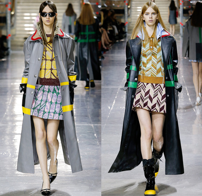 Miu Miu 2014-2015 Fall Autumn Winter Womens Runway Looks - Miuccia Prada Paris Fashion Week Mode à Paris Prêt à Porter Défilés - Skirt Quilted Outerwear Coat Parka Rainwear Anorak Dress Embellishments Embroidery Grommets Plastic Stripes Cargo Pockets Pinafore Dress Metallic A-Line Chunky Knit Sweater Jumper Vest Waistcoat Pleats Mini Skirt