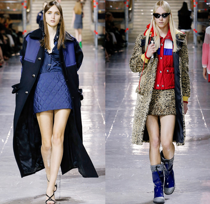 Miu Miu 2014-2015 Fall Autumn Winter Womens Runway Looks - Miuccia Prada Paris Fashion Week Mode à Paris Prêt à Porter Défilés - Skirt Quilted Outerwear Coat Parka Rainwear Anorak Dress Embellishments Embroidery Grommets Plastic Stripes Cargo Pockets Pinafore Dress Metallic A-Line Chunky Knit Sweater Jumper Vest Waistcoat Pleats Mini Skirt