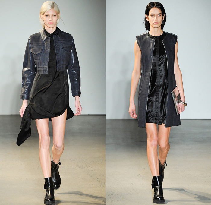 MM6 Maison Martin Margiela 2014-2015 Fall Autumn Winter Womens Runway Looks Fashion - Mercedes-Benz Fashion Week New York Catwalk - Coated Denim Jeans Leather Stripes Crop Top Midriff Tie Up Drapery Dress Skirt Frock Boxing Gloves Mittens Vestdress Fisherman Sweater Bubblewrap Motorcycle Biker Romper Knits