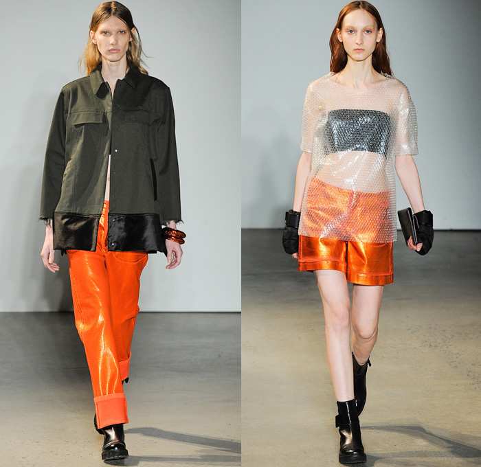 MM6 Maison Martin Margiela 2014-2015 Fall Autumn Winter Womens Runway Looks Fashion - Mercedes-Benz Fashion Week New York Catwalk - Coated Denim Jeans Leather Stripes Crop Top Midriff Tie Up Drapery Dress Skirt Frock Boxing Gloves Mittens Vestdress Fisherman Sweater Bubblewrap Motorcycle Biker Romper Knits