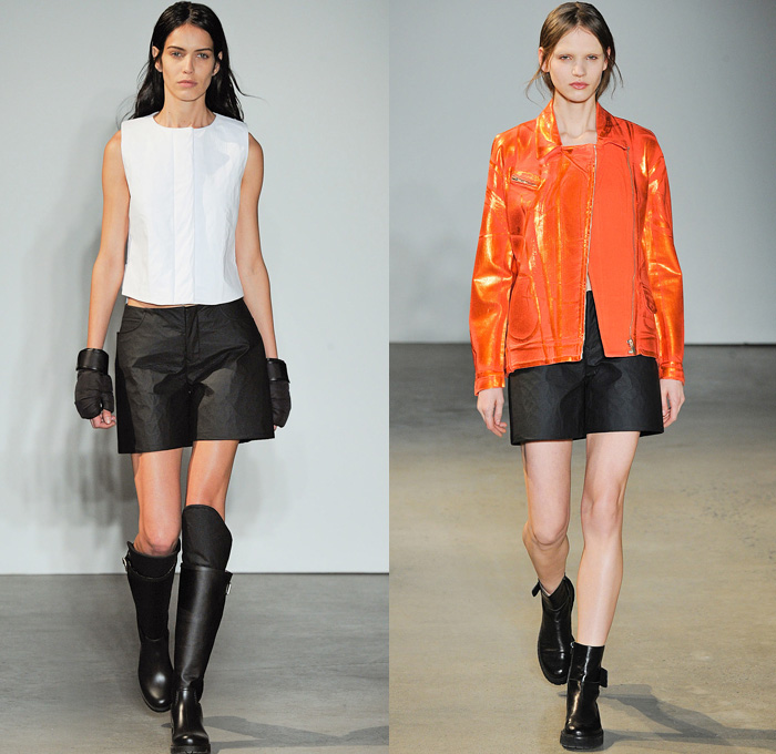 MM6 Maison Martin Margiela 2014-2015 Fall Autumn Winter Womens Runway Looks Fashion - Mercedes-Benz Fashion Week New York Catwalk - Coated Denim Jeans Leather Stripes Crop Top Midriff Tie Up Drapery Dress Skirt Frock Boxing Gloves Mittens Vestdress Fisherman Sweater Bubblewrap Motorcycle Biker Romper Knits