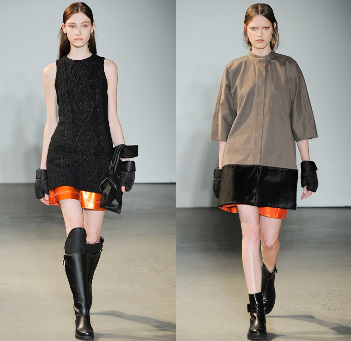 MM6 Maison Martin Margiela 2014-2015 Fall Autumn Winter Womens Runway Looks Fashion - Mercedes-Benz Fashion Week New York Catwalk - Coated Denim Jeans Leather Stripes Crop Top Midriff Tie Up Drapery Dress Skirt Frock Boxing Gloves Mittens Vestdress Fisherman Sweater Bubblewrap Motorcycle Biker Romper Knits