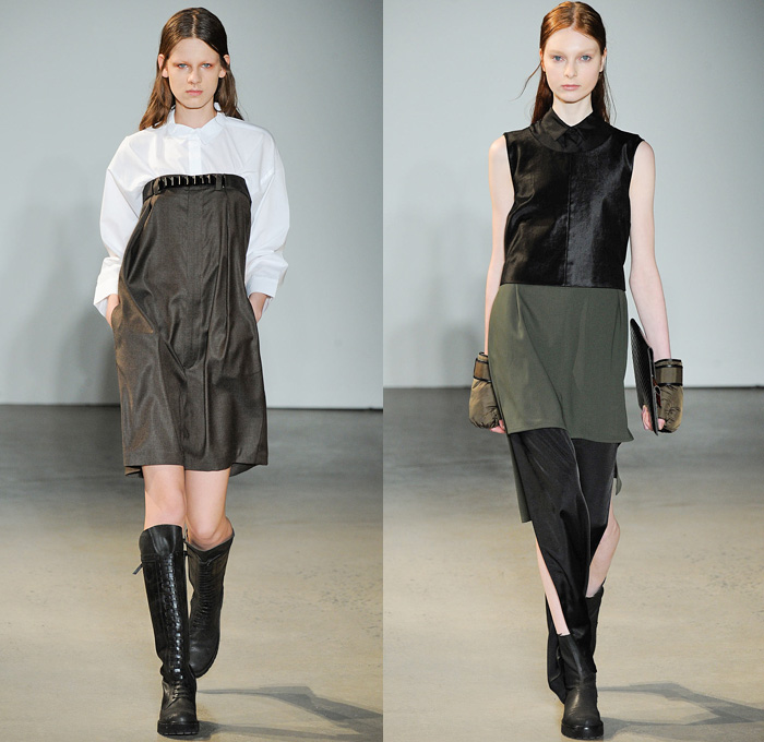 MM6 Maison Martin Margiela 2014-2015 Fall Autumn Winter Womens Runway Looks Fashion - Mercedes-Benz Fashion Week New York Catwalk - Coated Denim Jeans Leather Stripes Crop Top Midriff Tie Up Drapery Dress Skirt Frock Boxing Gloves Mittens Vestdress Fisherman Sweater Bubblewrap Motorcycle Biker Romper Knits