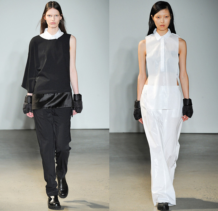 MM6 Maison Martin Margiela 2014-2015 Fall Autumn Winter Womens Runway Looks Fashion - Mercedes-Benz Fashion Week New York Catwalk - Coated Denim Jeans Leather Stripes Crop Top Midriff Tie Up Drapery Dress Skirt Frock Boxing Gloves Mittens Vestdress Fisherman Sweater Bubblewrap Motorcycle Biker Romper Knits