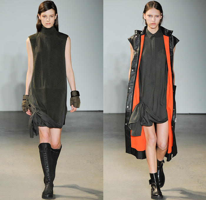 MM6 Maison Martin Margiela 2014-2015 Fall Autumn Winter Womens Runway Looks Fashion - Mercedes-Benz Fashion Week New York Catwalk - Coated Denim Jeans Leather Stripes Crop Top Midriff Tie Up Drapery Dress Skirt Frock Boxing Gloves Mittens Vestdress Fisherman Sweater Bubblewrap Motorcycle Biker Romper Knits