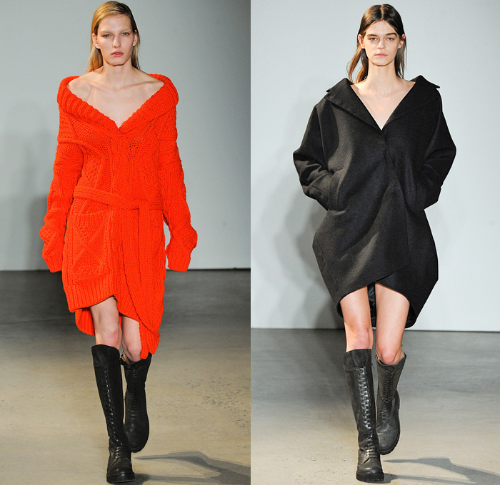 MM6 Maison Martin Margiela 2014-2015 Fall Autumn Winter Womens Runway Looks Fashion - Mercedes-Benz Fashion Week New York Catwalk - Coated Denim Jeans Leather Stripes Crop Top Midriff Tie Up Drapery Dress Skirt Frock Boxing Gloves Mittens Vestdress Fisherman Sweater Bubblewrap Motorcycle Biker Romper Knits