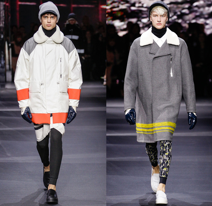 Moncler Gamme Rouge 2014-2015 Fall Autumn Winter Mens Runway Looks - Paris Fashion Week Mode à Paris Prêt à Porter Défilés - Leggings Jogging Sweatpants Outerwear Coat Topcoat Overcoat Parka Oversized Stripes Metallic Silver Cargo Pockets Furry Hat Flowers Florals Abstract Gloves Geometric Manskirt Kilt Beanie Knit Cap Hoodie