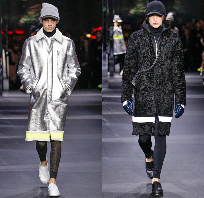 Moncler Gamme Rouge 2014-2015 Fall Autumn Winter Mens Runway Looks - Paris Fashion Week Mode à Paris Prêt à Porter Défilés - Leggings Jogging Sweatpants Outerwear Coat Topcoat Overcoat Parka Oversized Stripes Metallic Silver Cargo Pockets Furry Hat Flowers Florals Abstract Gloves Geometric Manskirt Kilt Beanie Knit Cap Hoodie