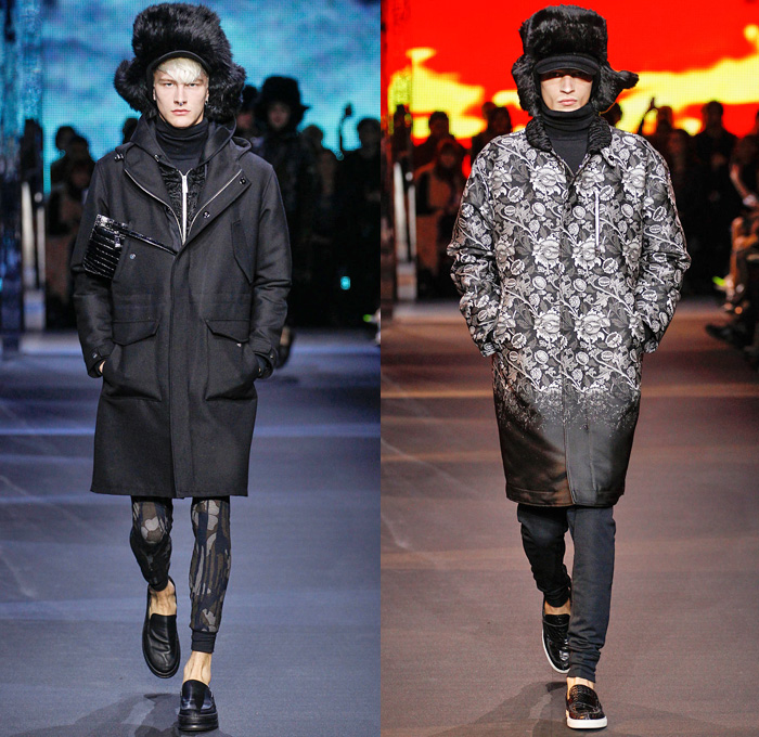 Moncler Gamme Rouge 2014-2015 Fall Autumn Winter Mens Runway Looks - Paris Fashion Week Mode à Paris Prêt à Porter Défilés - Leggings Jogging Sweatpants Outerwear Coat Topcoat Overcoat Parka Oversized Stripes Metallic Silver Cargo Pockets Furry Hat Flowers Florals Abstract Gloves Geometric Manskirt Kilt Beanie Knit Cap Hoodie