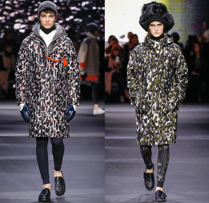 Moncler Gamme Rouge 2014-2015 Fall Autumn Winter Mens Runway Looks - Paris Fashion Week Mode à Paris Prêt à Porter Défilés - Leggings Jogging Sweatpants Outerwear Coat Topcoat Overcoat Parka Oversized Stripes Metallic Silver Cargo Pockets Furry Hat Flowers Florals Abstract Gloves Geometric Manskirt Kilt Beanie Knit Cap Hoodie