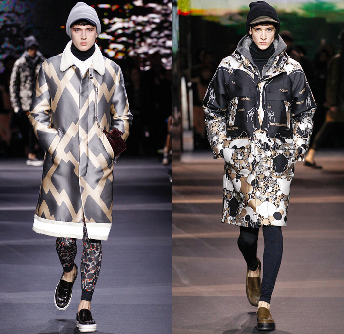 Moncler Gamme Rouge 2014-2015 Fall Autumn Winter Mens Runway Looks - Paris Fashion Week Mode à Paris Prêt à Porter Défilés - Leggings Jogging Sweatpants Outerwear Coat Topcoat Overcoat Parka Oversized Stripes Metallic Silver Cargo Pockets Furry Hat Flowers Florals Abstract Gloves Geometric Manskirt Kilt Beanie Knit Cap Hoodie