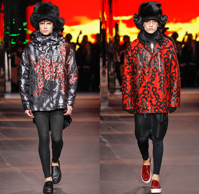 Moncler Gamme Rouge 2014-2015 Fall Autumn Winter Mens Runway Looks - Paris Fashion Week Mode à Paris Prêt à Porter Défilés - Leggings Jogging Sweatpants Outerwear Coat Topcoat Overcoat Parka Oversized Stripes Metallic Silver Cargo Pockets Furry Hat Flowers Florals Abstract Gloves Geometric Manskirt Kilt Beanie Knit Cap Hoodie